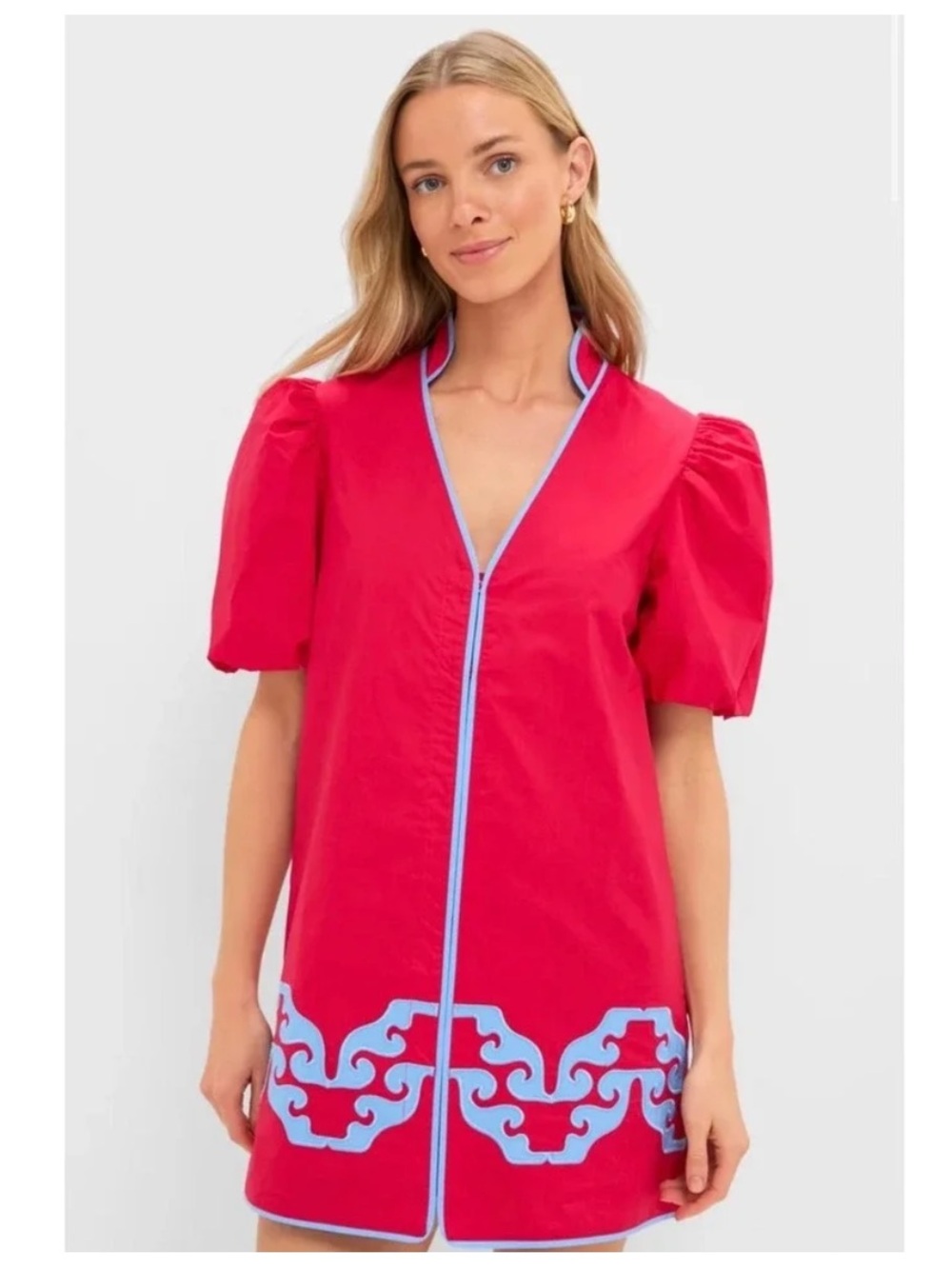 Hyacinth House Red Blue Scroll Applique Puff Sleeve Mini Dress